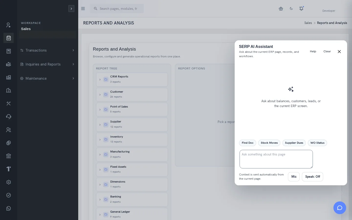 SERP AI Assistant with document, stock movement, supplier dues and work-order shortcuts