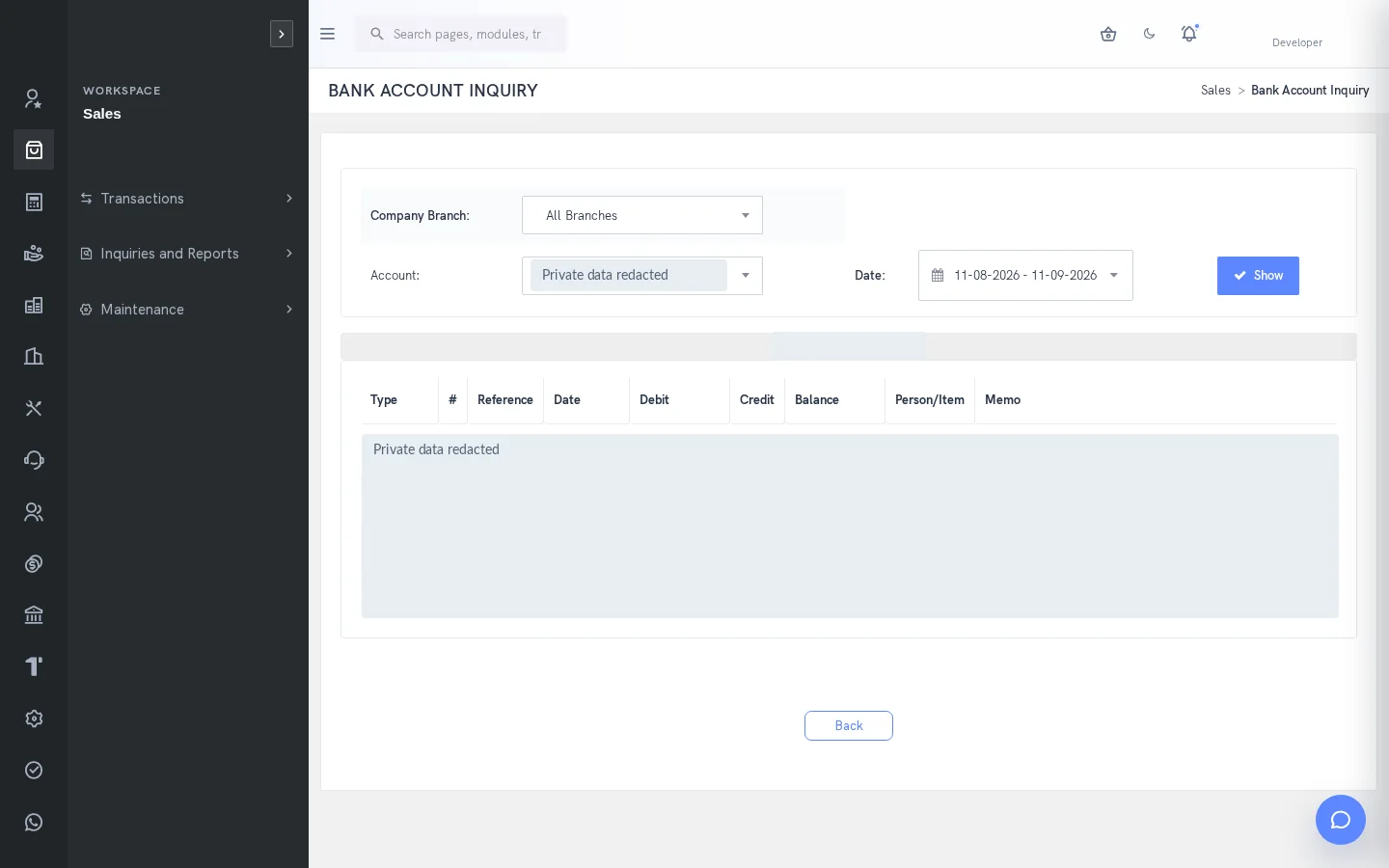 SERP Banking interface; private records redacted