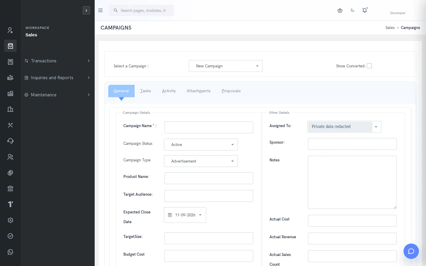 SERP CRM interface; private records redacted
