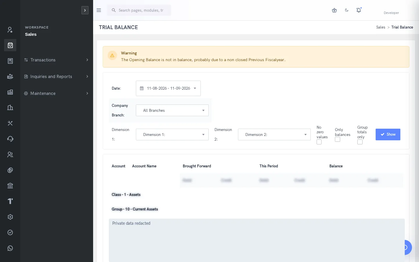 SERP Finance & Accounting interface; private records redacted