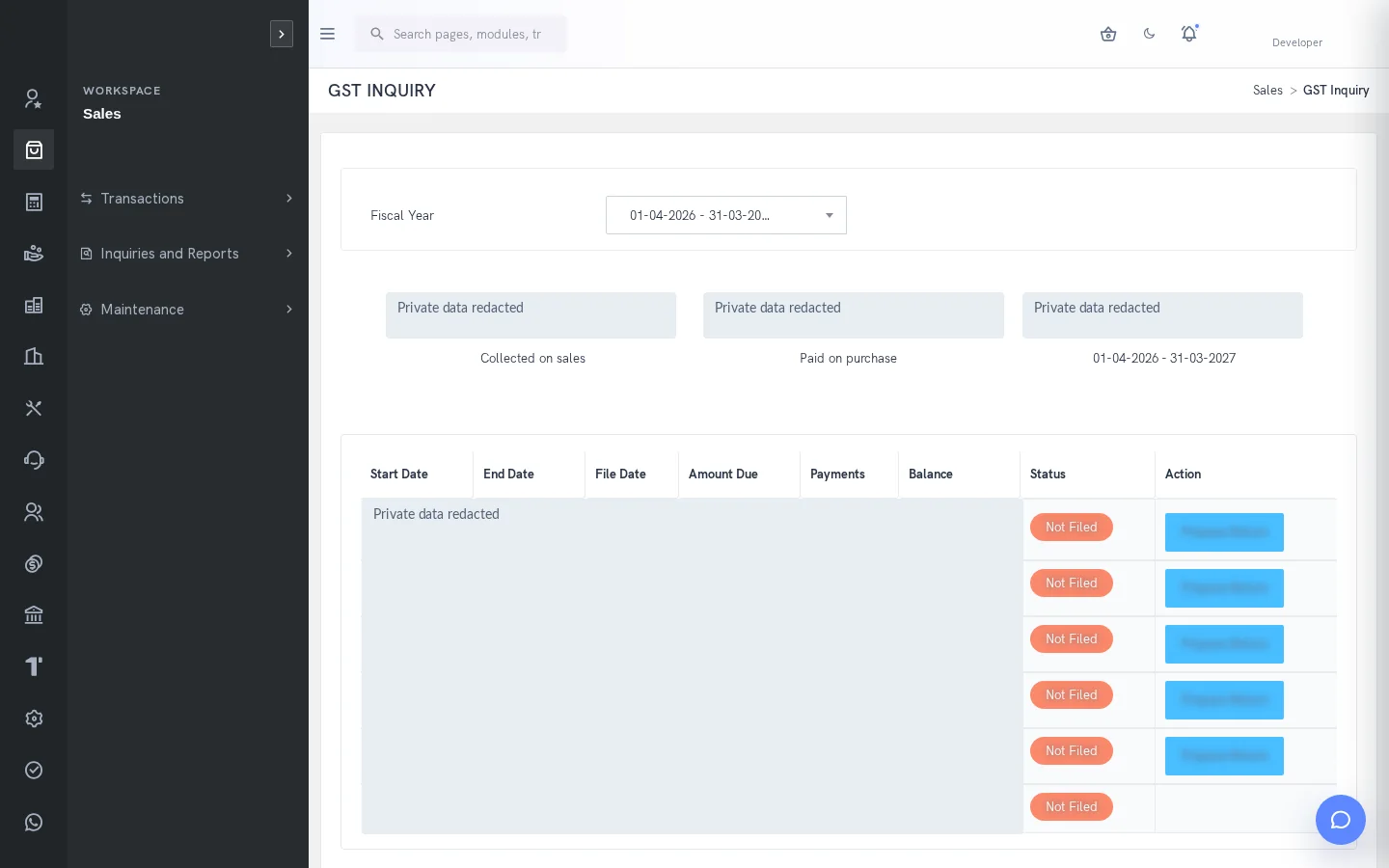 SERP India GST interface; private records redacted