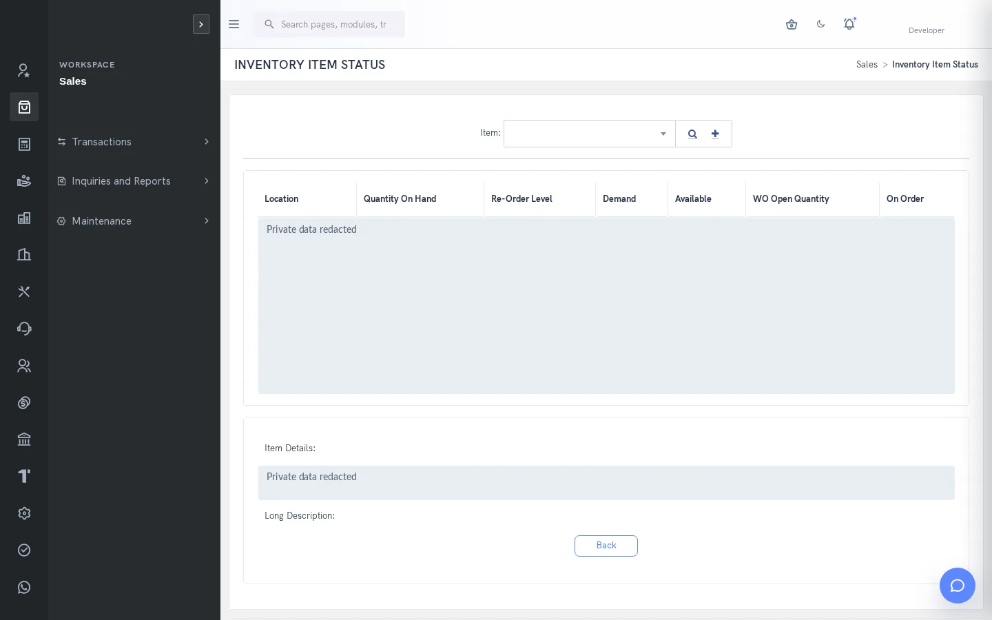 SERP Inventory & Warehousing interface; private records redacted