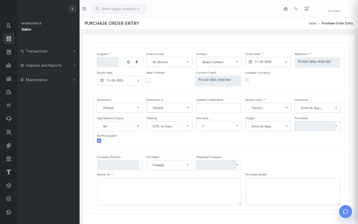 SERP Purchasing & Procurement interface; private records redacted