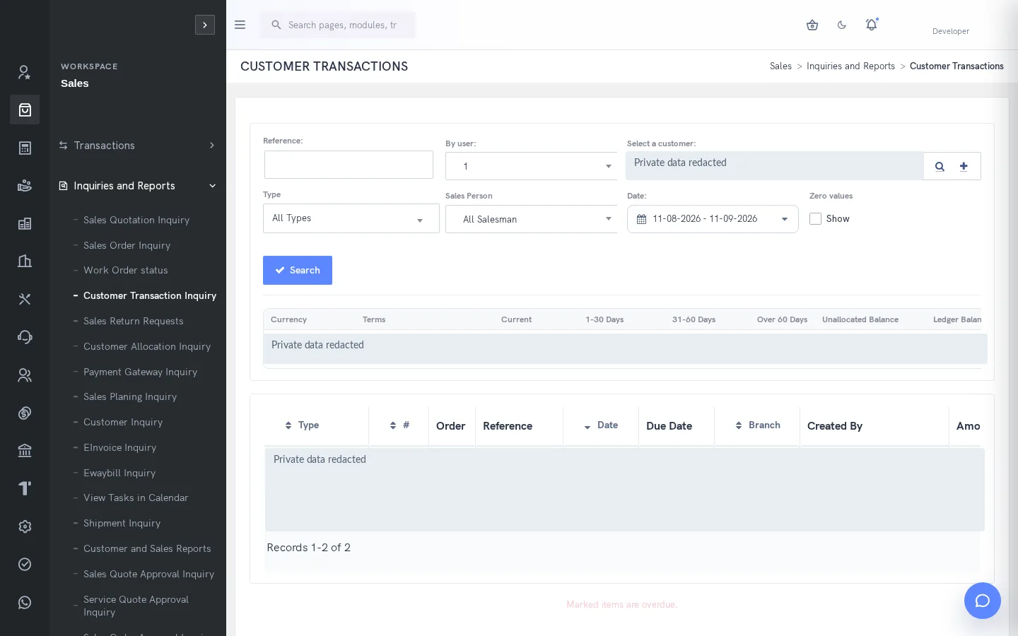 SERP Sales interface; private records redacted
