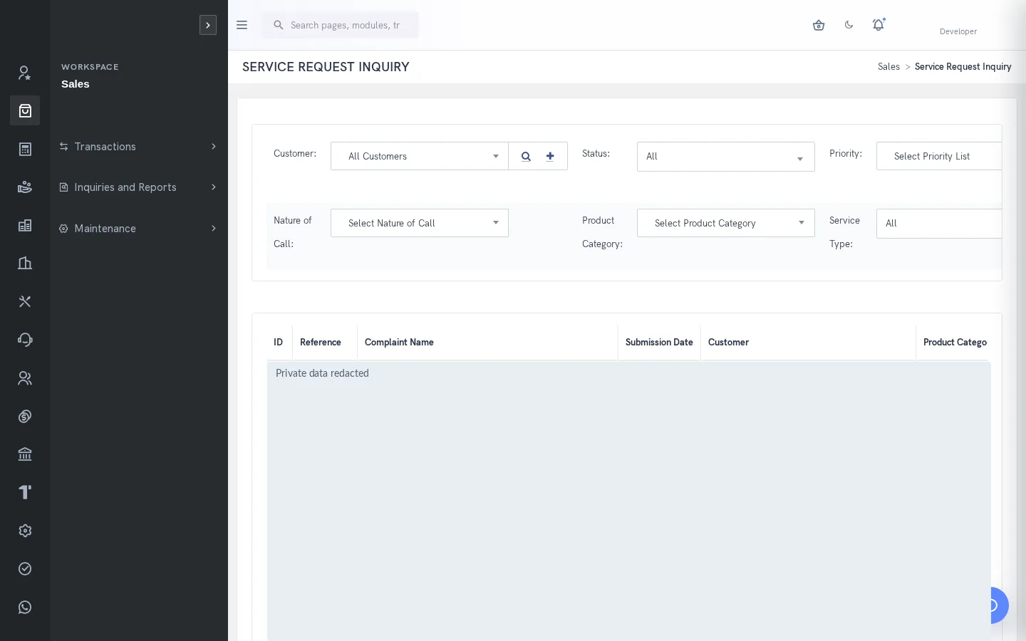SERP Service Management interface; private records redacted